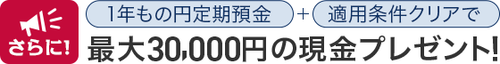 さらに!1年もの円定期預金+適用条件クリアで最大30,000円の現金プレゼント!
