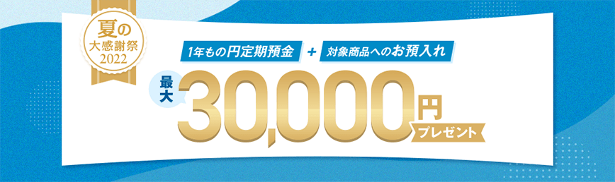 夏の特別企画 1年もの円定期預金+対象商品へのお預入れ 最大30,000円プレゼント