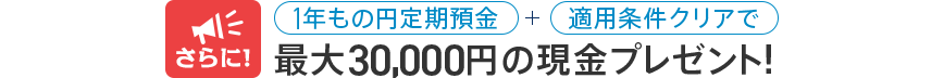 さらに!1年もの円定期預金+適用条件クリアで最大30,000円の現金プレゼント!