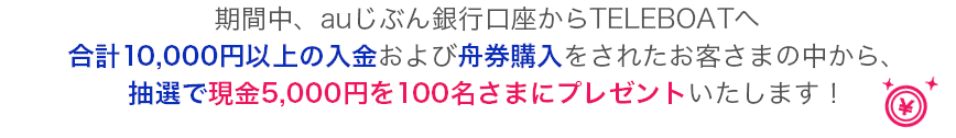 期間中、auじぶん銀行口座からTELEBOATへ合計10,000円以上の入金および舟券購入をされたお客さまの中から、抽選で現金5,000円を100名さまにプレゼントいたします!