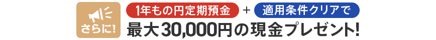 さらに!1年もの円定期預金+適用条件クリアで最大30,000円の現金プレゼント!