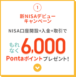 1.新NISAデビューキャンペーン NISA口座開設+入金+取引で もれなく6,000Pontaポイントプレゼント!