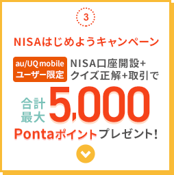 3.NISAはじめようキャンペーン au/UQ mobileユーザー限定 NISA口座開設+クイズ正解+取引で 合計最大5,000Pontaポイントプレゼント!