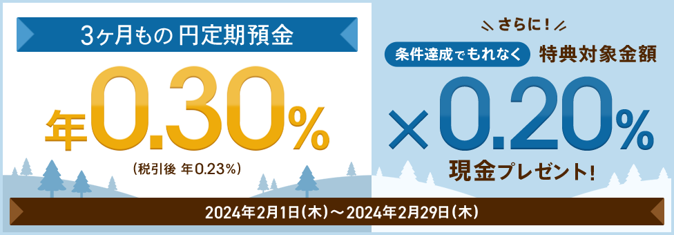 3ヶ月もの円定期預金 年0.30%(税引後 年0.23%) さらに!条件達成でもれなく特典対象金額×0.20%現金プレゼント!