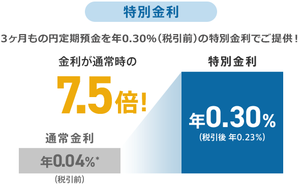 特別金利 3ヶ月もの円定期預金を年0.30%(税引前)の特別金利でご提供!