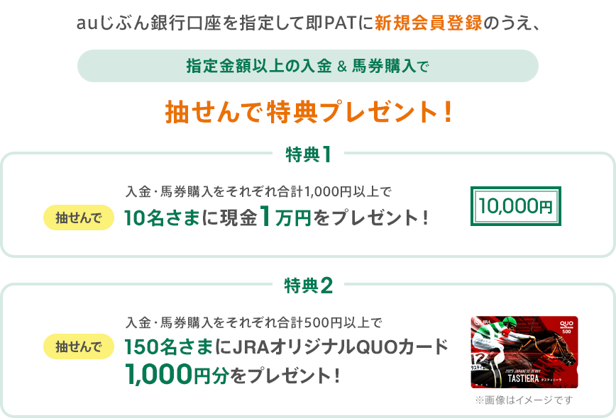 auじぶん銀行口座を指定して即PATに新規会員登録のうえ、指定金額以上の入金&馬券購入で抽せんで特典プレゼント！
