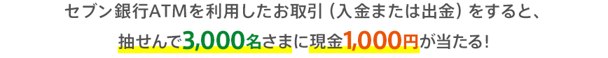 セブン銀行ATMを利用したお取引(入金または出金)をすると、抽せんで3,000名さまに現金1,000円が当たる!