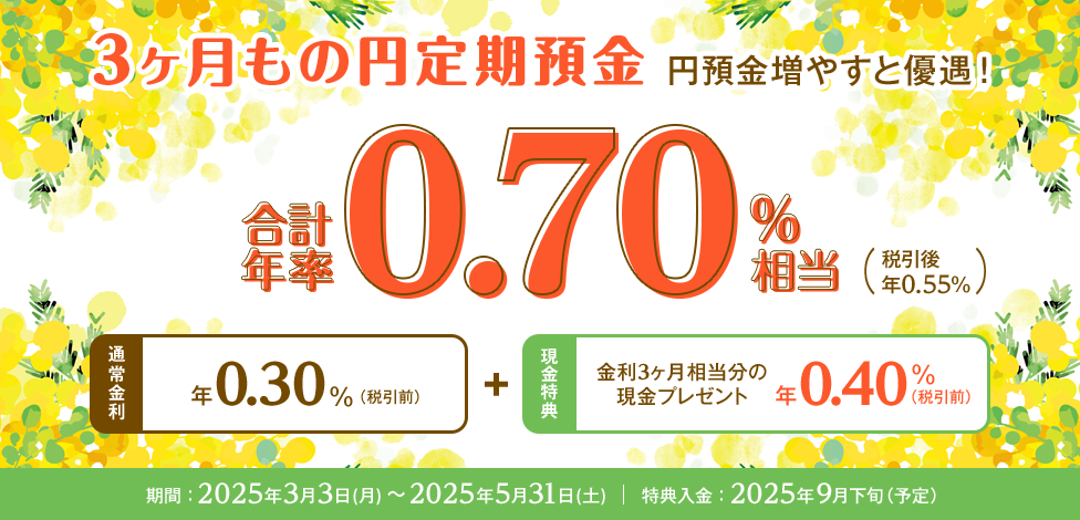 3ヶ月もの円定期預金 円預金増やすと優遇!