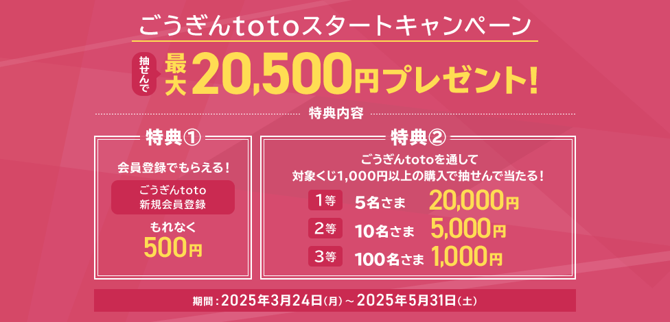 ごうぎんtotoスタートキャンペーン 抽せんで最大20,500円プレゼント!