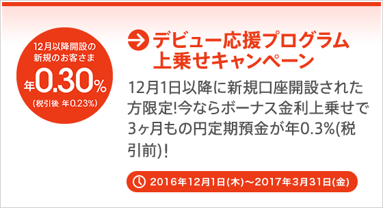 [デビュー応援プログラム上乗せキャンペーン] 12月1日以降に新規口座開設された方限定!今ならボーナス金利上乗せで3ヶ月もの円定期預金が年0.3%(税引前)!