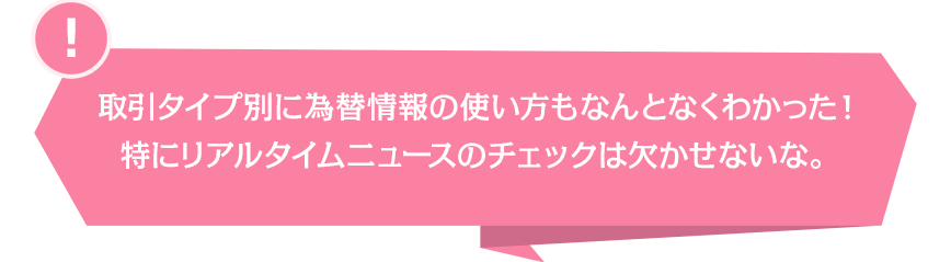 取引タイプ別に為替情報の使い方もなんとなくわかった!特にリアルタイムニュースのチェックは欠かせないな。