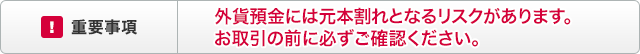 【重要事項】外貨預金には元本割れとなるリスクがあります。お取引の前に必ずご確認ください。 【重要事項】外貨預金には元本割れとなるリスクがあります。お取引の前に必ずご確認ください。