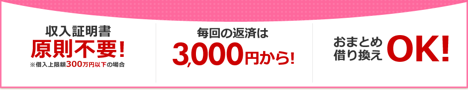 収入証明書原則不要!※借入上限額300万円以下の場合 毎回の返済は3,000円から! おまとめ借り換えOK! 収入証明書原則不要!※借入上限額300万円以下の場合 毎回の返済は3,000円から! おまとめ借り換えOK!