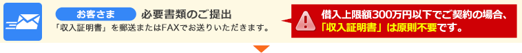 お客さま 必要書類のご提出 「収入証明書」を郵送またはFAXでお送りいただきます。 借入上限額300万円以下でご契約の場合、「収入証明書」は原則不要です。 お客さま 必要書類のご提出 「収入証明書」を郵送またはFAXでお送りいただきます。 借入上限額300万円以下でご契約の場合、「収入証明書」は原則不要です。