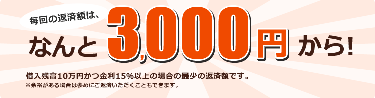 毎回の返済額は、なんと3,000円から! 借入残高10万円かつ金利15%以上の場合の最少の返済額です。 ※余裕がある場合は多めにご返済いただくこともできます。 毎回の返済額は、なんと3,000円から! 借入残高10万円かつ金利15%以上の場合の最少の返済額です。 ※余裕がある場合は多めにご返済いただくこともできます。