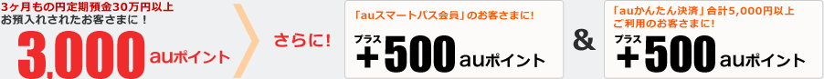 円定期預金を申込みされたお客さまに!3,000auポイント さらに 「auスマートパス会員」のお客さまに!+500auポイント 「auかんたん決済」合計5,000円以上ご利用のお客さまに!+500auポイント 円定期預金を申込みされたお客さまに!3,000auポイント さらに 「auスマートパス会員」のお客さまに!+500auポイント 「auかんたん決済」合計5,000円以上ご利用のお客さまに!+500auポイント