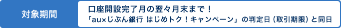 対象期間 口座開設完了月の翌々月末まで!「au×じぶん銀行 はじめトク!キャンペーン」の判定日(取引期限)と同日 対象期間 口座開設完了月の翌々月末まで!「au×じぶん銀行 はじめトク!キャンペーン」の判定日(取引期限)と同日