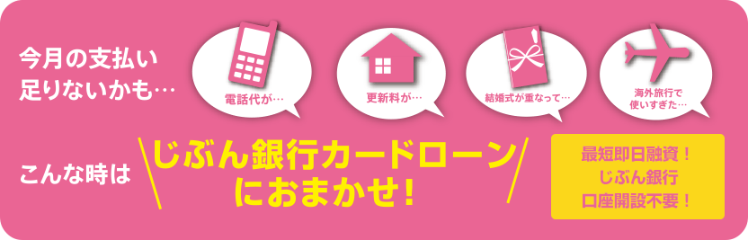 今月の支払い足りないかも…こんな時は じぶん銀行カードローンにおまかせ！ 最短即日融資！じぶん銀行口座開設不要！