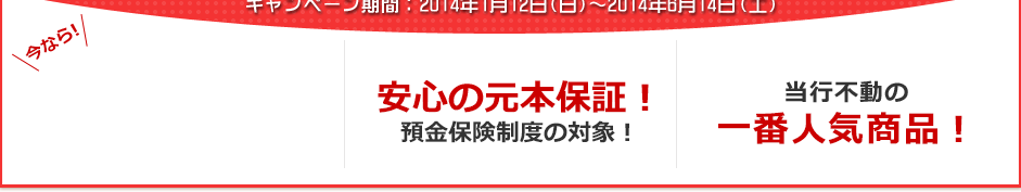 安心の元本保証!預金保険制度の対象! 当行不動の一番人気商品! 安心の元本保証!預金保険制度の対象! 当行不動の一番人気商品!