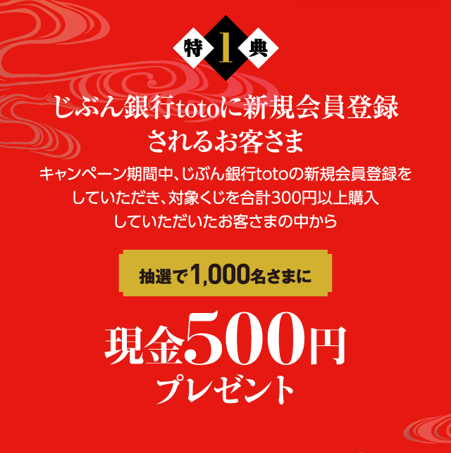 特典1｜じぶん銀行totoに新規会員登録されるお客さま｜キャンペーン期間中、じぶん銀行totoの新規会員登録をしていただき、対象くじを合計300円以上購入していただいたお客さまの中から抽選で1,000名さまに現金500円プレゼント