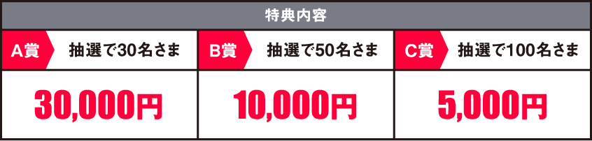 特典内容 A賞 抽選で30名さま 30,000円 B賞 抽選で50名さま 10,000円 C賞 抽選で100名さま 5,000円